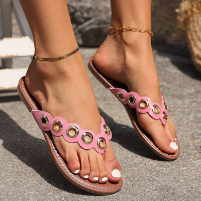 New Metal Hollow Circle Design Thong Sandals Summer Flat-3