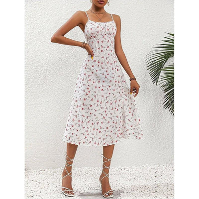 New Polka Dot Print Suspender Dress Summer Slit Long-White-7