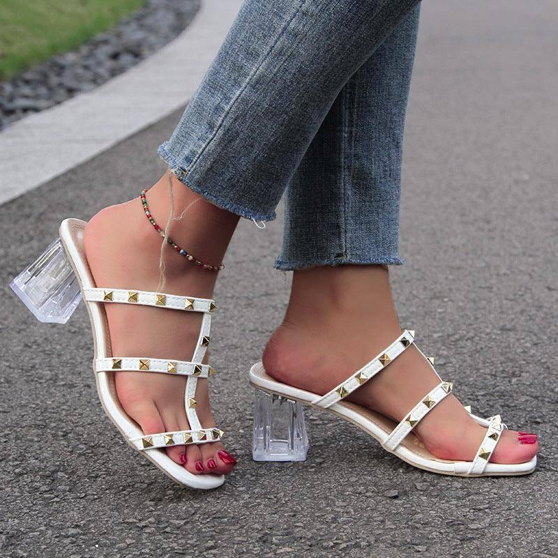 New Square Toe Sandals With Rivet Design Summer-White Slippers-8