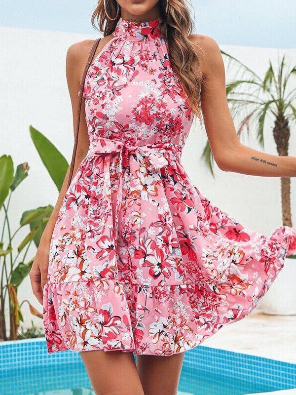 New temperament lace up ruffle edge large hem floral dress-7