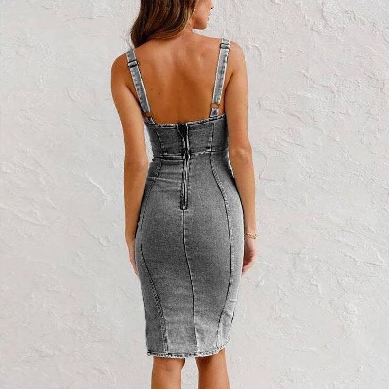 New U-neck Suspender Denim Dress Summer Casual Tight Slim-3