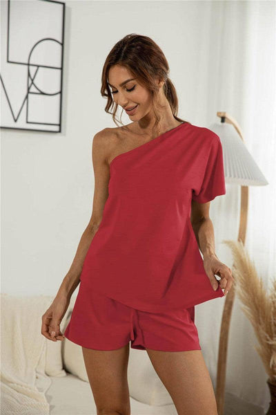 Off-the-shoulder Short Sleeve Sloping-shoulder Off The-shoulder Casual Two-piece Suit-Wine Red-6