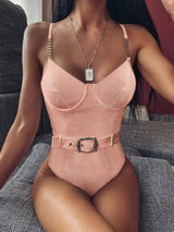 One piece bikini with metal chain and shoulder strap-Pink-3