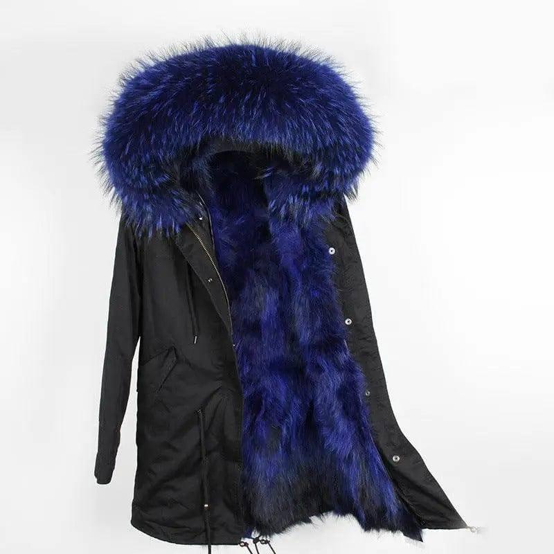 Oversized raccoon fur collar parka coat-Black sapphire blue-9