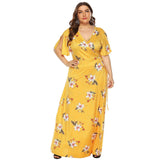 New 2021 summer plus size long dress for women large slim casual short sleeve flower print green V-neck dresses 3XL 4XL 5XL 6XL-3