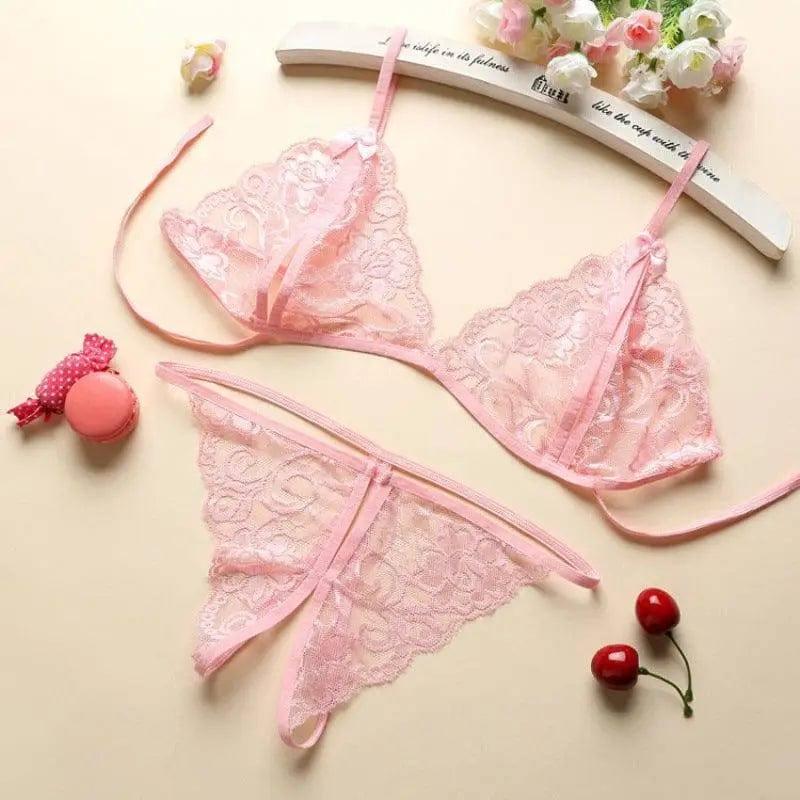 Porn Women Lace Tulle Lingerie Set-Pink-7