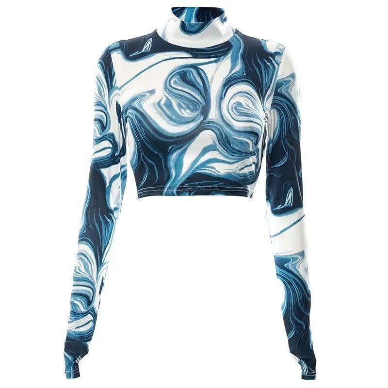 Printed Half Turtleneck Pullover Crop Finger Sleeve Top-2