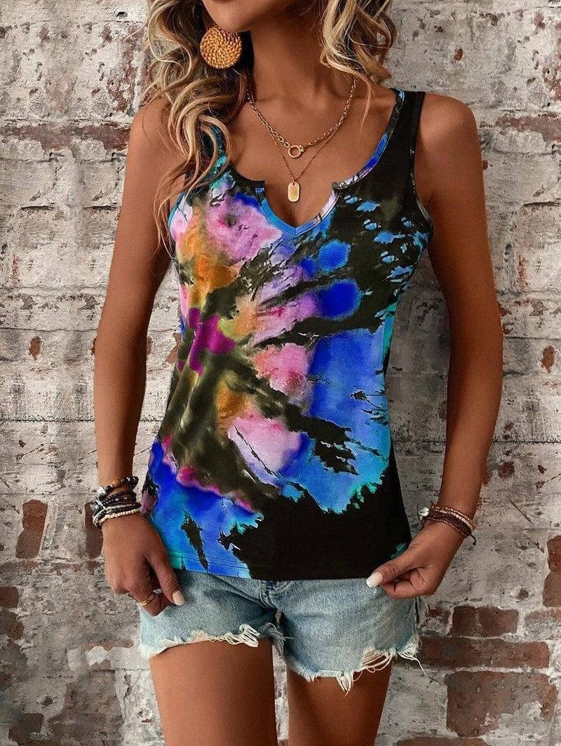 Printed Painted V-neck Open Vest Top-Blue-9