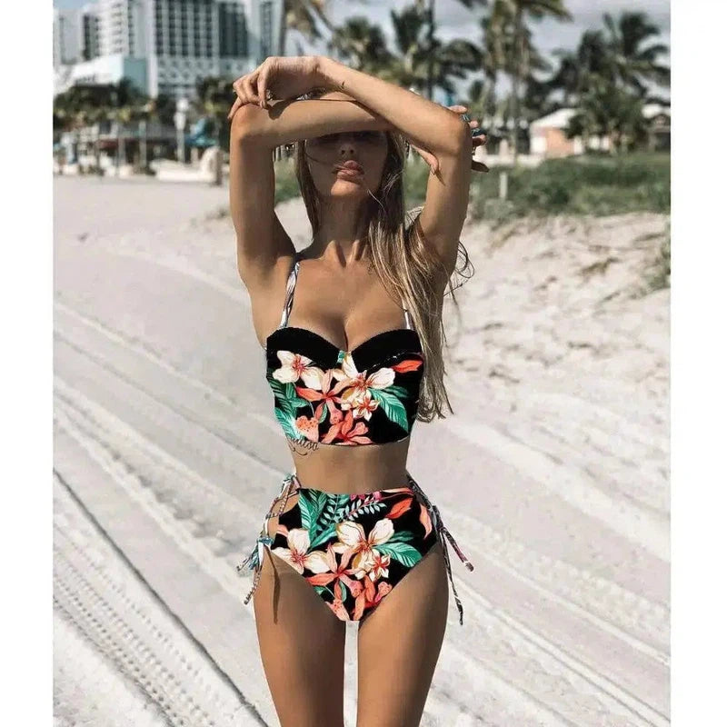 Printed high waist split swimsuit-Black-4