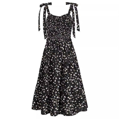 Printed Smocking Hollow Out Bundle Shoulder Strap Dress-5