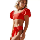 Puff Sleeve One-Line Neck Swimsuit High Waist Tie Bikini-Red-5