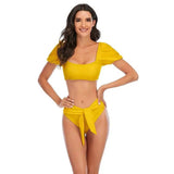 Puff Sleeve One-Line Neck Swimsuit High Waist Tie Bikini-Yellow-9