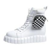 Punk Ankle Boots With Belt Buckle Pocket Designer Boots-White plaid bag-7