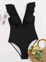 Pure Color Pleated One-piece Swimsuit Fashionable Sexy Slim-Black-3