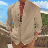 Retro Button Design Long-sleeved Shirt Men's Casual Loose-Khaki-2