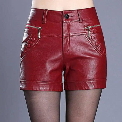 Retro high waist slim slim straight casual pu leather shorts-BH1907red-15