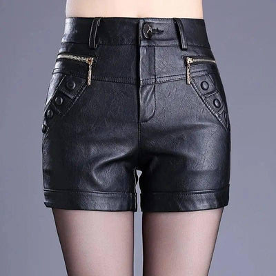 Retro high waist slim slim straight casual pu leather shorts-BH1907black-17