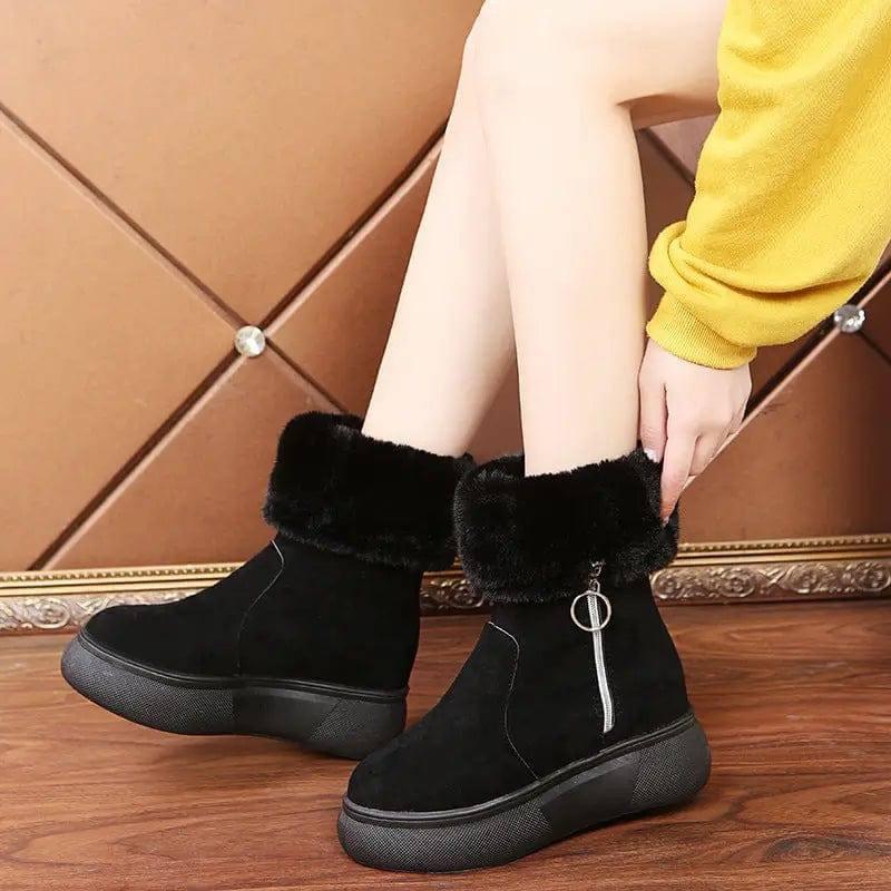 Round Head Suede Warm Women Boots With Cotton-Black-2