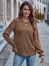 Round Neck Solid Color Casual Loose Women's Top-Brown-4