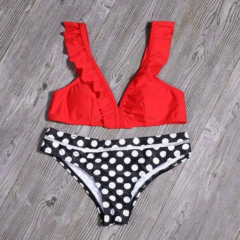 Ruffled split bikini-Red-4