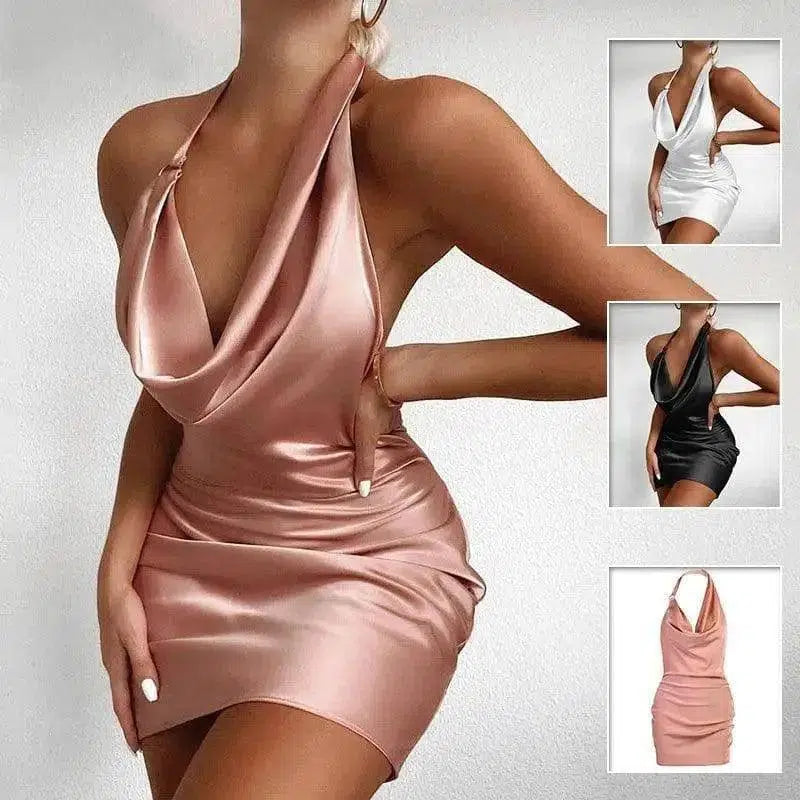 Satin Party Dress V Neck Backless Mini Sleeveless Summer-1