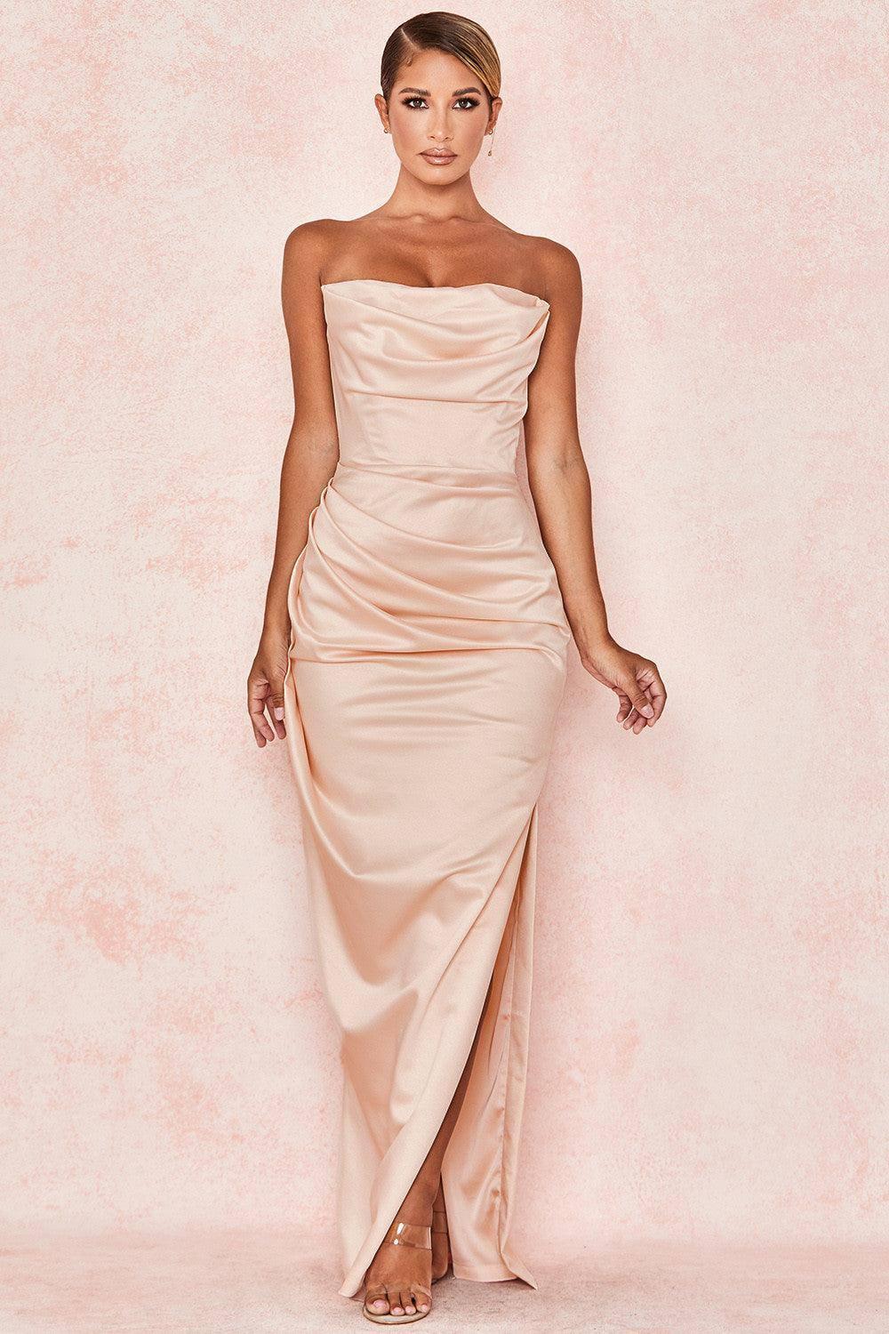 Satin Tube Top Split Knee-length Dress-Apricot-11