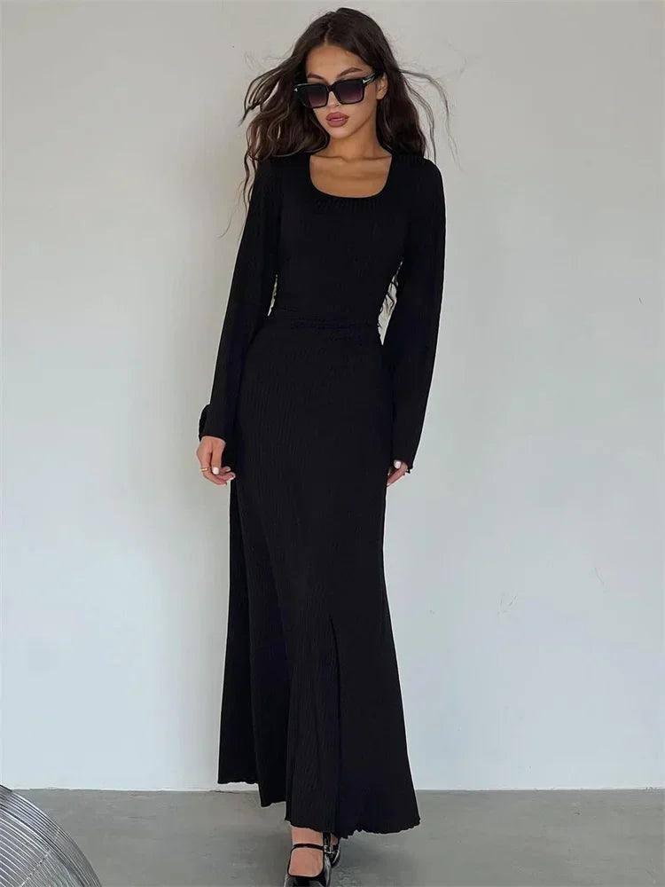 Elegant Maxi Dresses | Ribbed Long Sleeve-Black-4