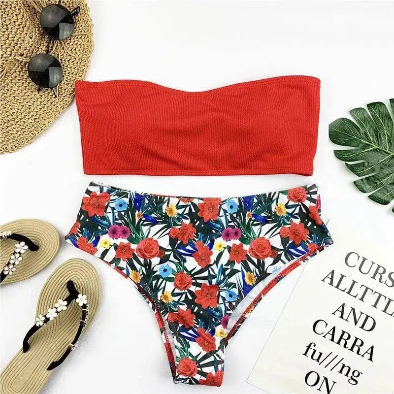 Bandeau Bikini Set Women Print Swimwear-Red-5