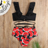 Sexy Bikini Print High Waist Split Swimsuit Lady Lotus Leaf-3