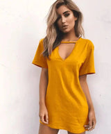 deep V short-sleeved T-shirt loose casual dress-yellow-26