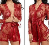 lingerie bathrobe strappy nightdress set-Red-4