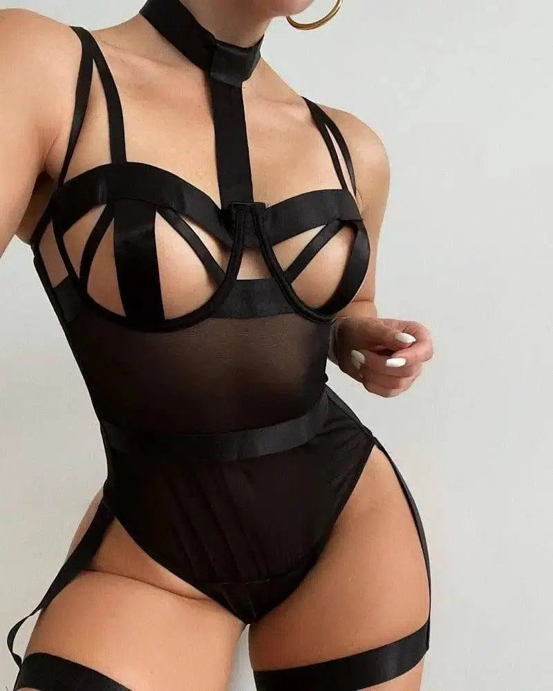 Sexy Lingerie Bodysuit With Halter Neck And Garter-5