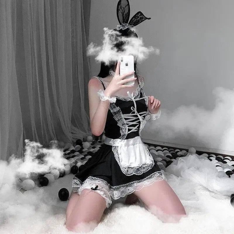 Sexy maid outfit with rabbit ears maid lingerie-Black-2