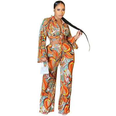 Sexy Mesh Sheer Print Long Sleeve Three Piece-Orange-4