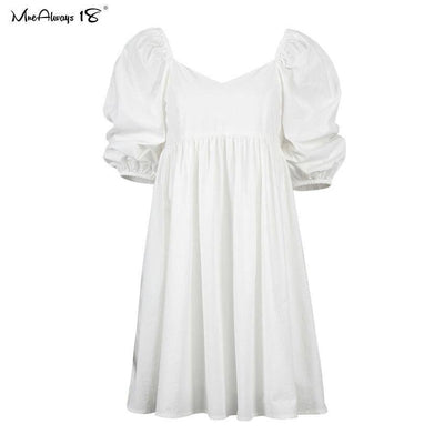 Off Shoulder White Women Dress Cotton Big Puff Sleeve-5