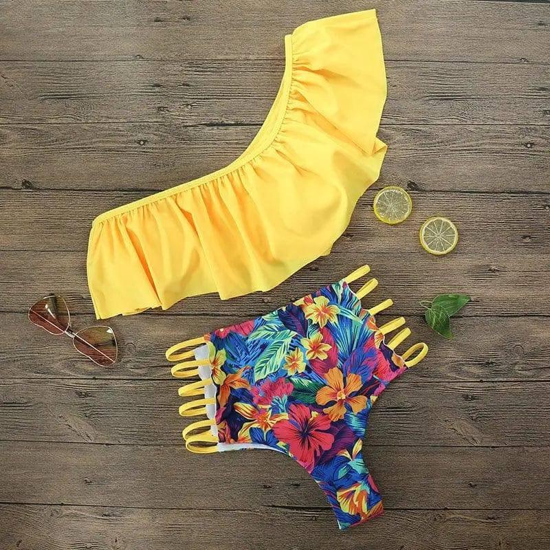 Sexy one-shoulder ruffle print swimsuit-Yellow-3