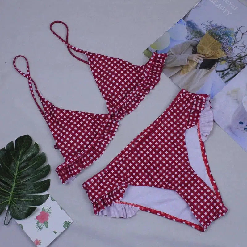 Plaid Bikini Red Green Plaid Bathing Suits-Red-3