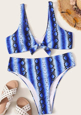 Sexy plus size knotted high waist ladies swimwear-Blue-2