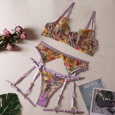 See-Through Yellow Garden Floral Bra Garter Belt Thong-Purple-8