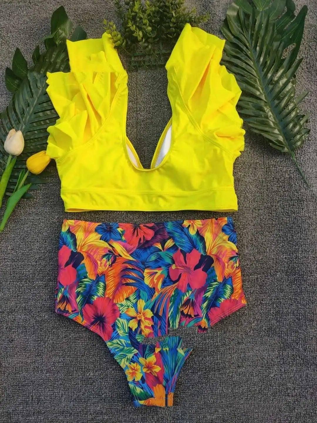 Sexy Swimsuit Printed Split Bikini Swimsuit Women Swimwear-Yellow-9