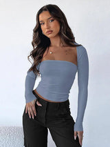 Tube Top Cinched Waist T-shirt Long Sleeve Tight Two-piece Blouse Women's Top-Dark Blue-13