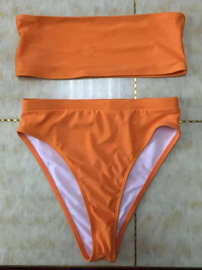 Two-Piece Breast Wrap Swimsuit Bikini Set Tube Top Set-Orange-6