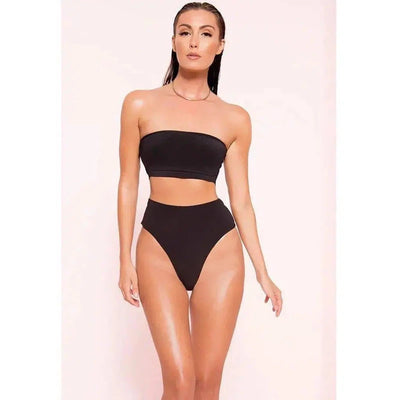 Two-Piece Breast Wrap Swimsuit Bikini Set Tube Top Set-Black-7