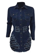 Shredded denim dress denim casual dress-NavyBlue-11