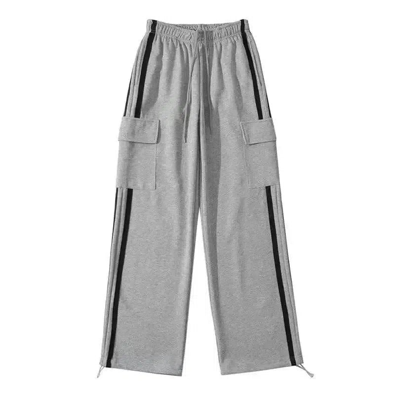 Side Stripe Stitching Women's Drawstring Pocket Casual Pants-Light Grey-4