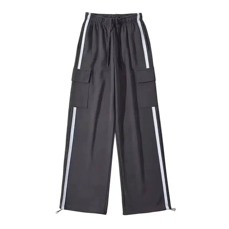 Side Stripe Stitching Women's Drawstring Pocket Casual Pants-Carbon ash-5