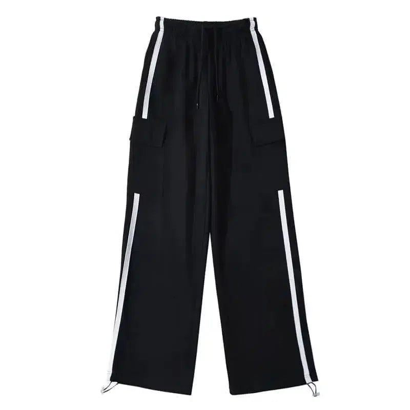 Side Stripe Stitching Women's Drawstring Pocket Casual Pants-Black-6