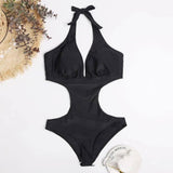 Simple Solid Color Hollow One-piece Bikini Swimsuit-Black-7