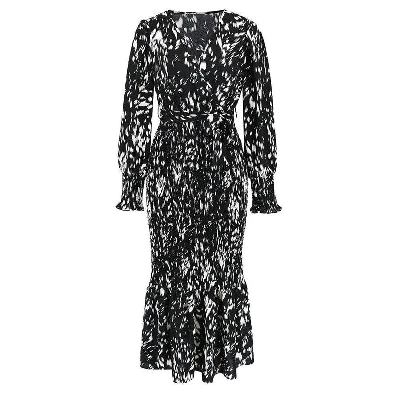 Slim-fit Temperament V-neck Belt Printed Dress Long Fish-LQ651 Black-6