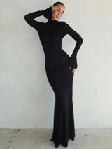 Elegant Black Longsleeve Backless Dress-Black-1